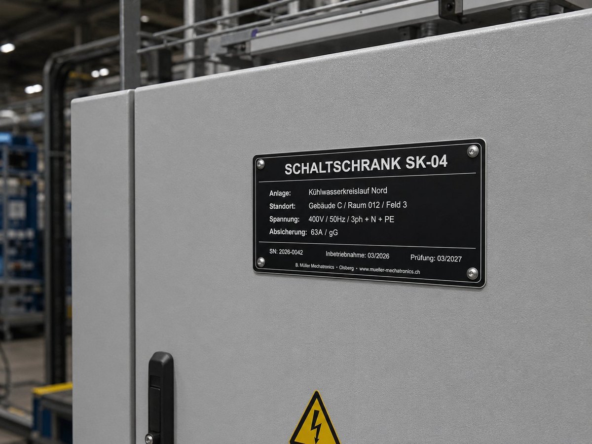 Typenschild auf Schaltschrank in der Anlage montiert